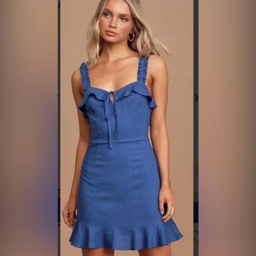 Lulus | Days Like This Blue Sleeveless Ruffled
Mini Dress XL NWT linen blend